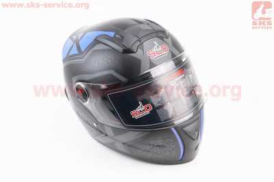 Шлем интеграл, закрытый (сертификации DOT/ECE)+очки SCO-М61 S (55-56см), ЧЁРНЫЙ матовый с сине-серым рисунком
