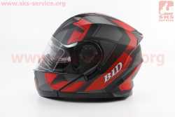 Шлем модуляр, закрытый с откидным подбородком+откидные очки BLD-162 М (57-58см), ЧЁРНЫЙ матовый с красно-серым рисунком